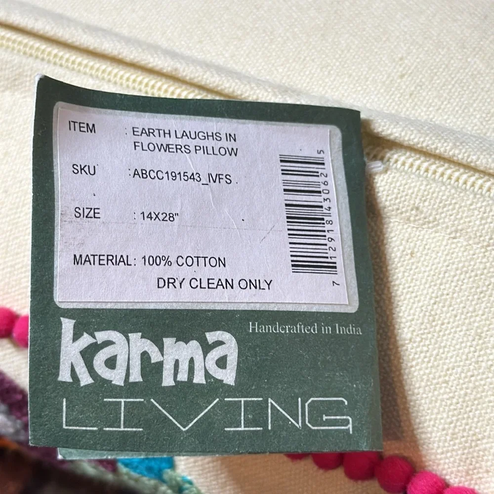 KARMA LIVING “THE EARTH LAUGHS IN FLOWERS” EMBROIDERED LUMBAR PILLOW 14x28 *NWT*